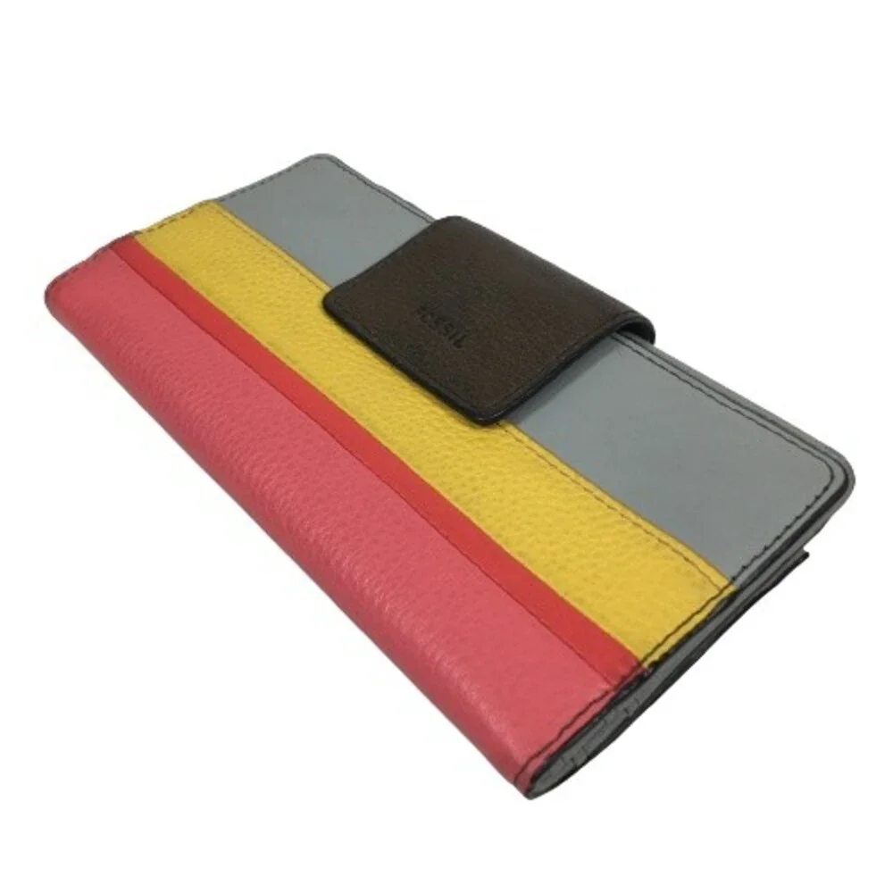FOSSIL Colorblock Leather Wallet Credit Card Clutch Gray Peach Red & Yellow